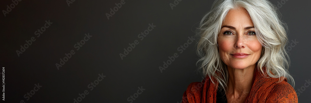 Confident mature woman with wavy silver hair wearing textured orange shawl smiling softly against dark background in studio light Generative AI