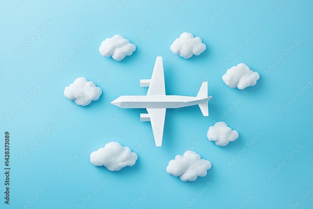 White airplane model surrounded by clouds on blue background. White airplane model surrounded by clouds on blue background.