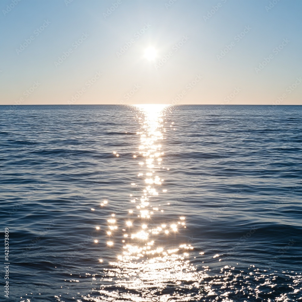 A serene ocean view during sunset. The sun reflects beautifully on the calm waters, creating a shimmering path of light. Perfect for relaxation and peaceful moments. AI.