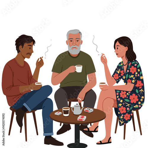 Social Gathering: Friends Drinking Coffee and Smoking