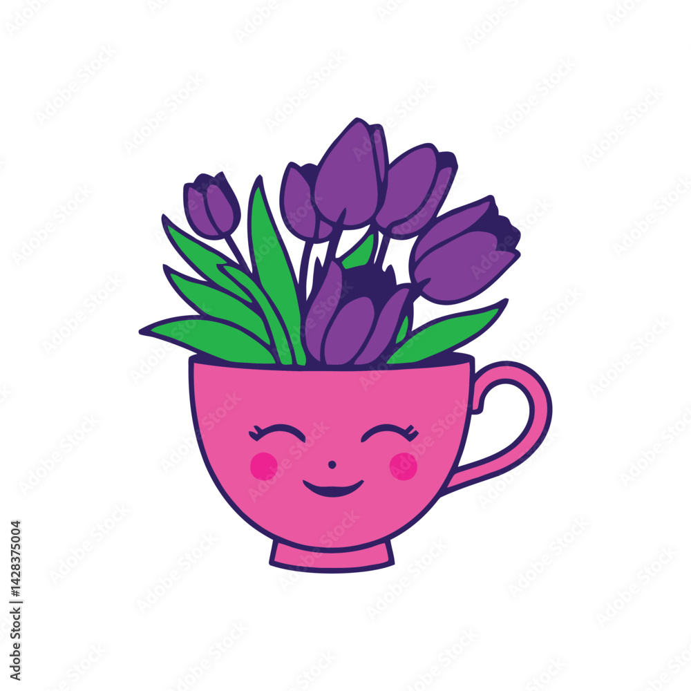 A pink teacup with a face, filled with delicate tulips and greenery, showing softness, warmth, and emotional openness A pink teacup with a face, filled with delicate tulips and greenery, showing softness, warmth, and emotional openness