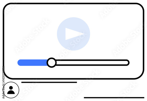 Video screen with play button, progress bar, and user profile icon. Ideal for streaming, playback, interactivity, user interface, media technology tutorials. Flat simple metaphor