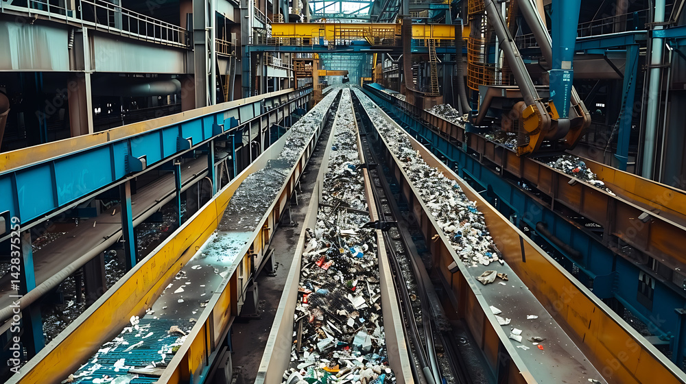 Waste sorting facility interior showing mixed garbage moving along long conveyor belts for recycling processing. Industrial environmental management concept.
Waste sorting facility interior showing mixed garbage moving along long conveyor belts for recycling processing. Industrial environmental management concept.