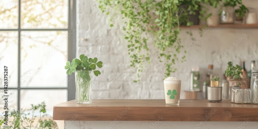 Bright St. Patrick’s Day coffee scene in a cozy kitchen with shamrock decorations, green plants, and festive drink in a clover-printed cup on a rustic wooden counter.. Bright St. Patrick’s Day coffee scene in a cozy kitchen with shamrock decorations, green plants, and festive drink in a clover-printed cup on a rustic wooden counter..