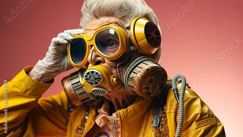 Granny in a Yellow Gas Mask, A Portrait of Resilience and Dystopian Fashion