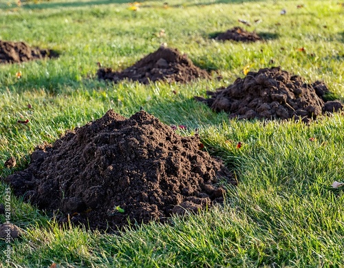 Mole Hills on Damaged Lawn – Piles of Earth Spoiling Green Grass