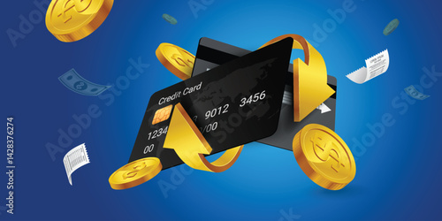 Cash back, money saving vector concept with dollar coins, wallet, arrows, credit card.Guarantee bonus program finance sticker. Online shopping, cash back sale offer emblem,Cash back service, financial