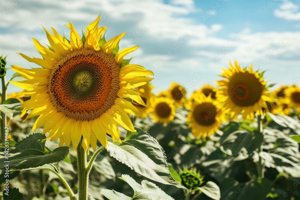 Fototapeta premium Sunflowers blooming in a vibrant field under a bright blue sky in summer