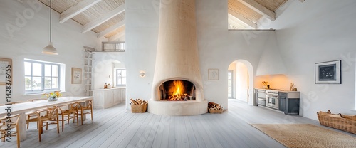 Bright, open-plan living space with fireplace, dining, kitchen, and loft. Features high ceilings & light wood floors