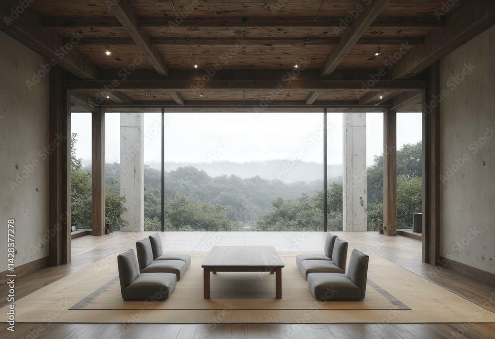 Fototapeta premium Minimalist Living Room Overlooking Lush Green Hills