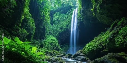 Serene Waterfall Cascading Through Lush Green Oasis Surrounded by Tropical Foliage and Natural Rock Formations in Enchanting Wilderness