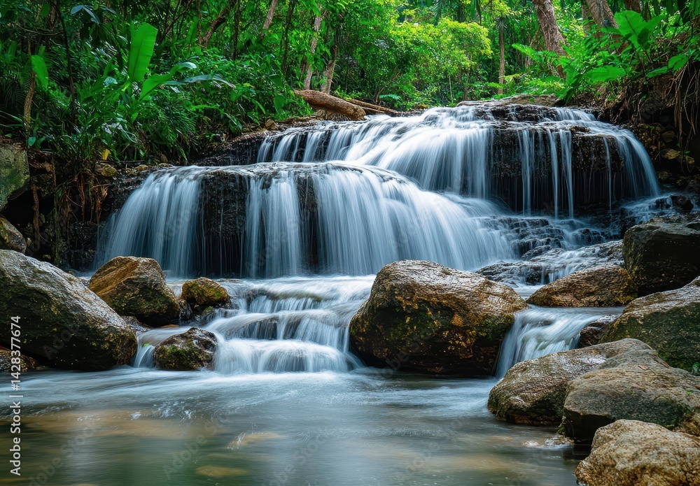 Fototapeta premium Serene Waterfall Cascading Over Smooth Rocks in Lush Green Forest Surrounded by Nature’s Beauty and Tranquility for Relaxation or Meditation