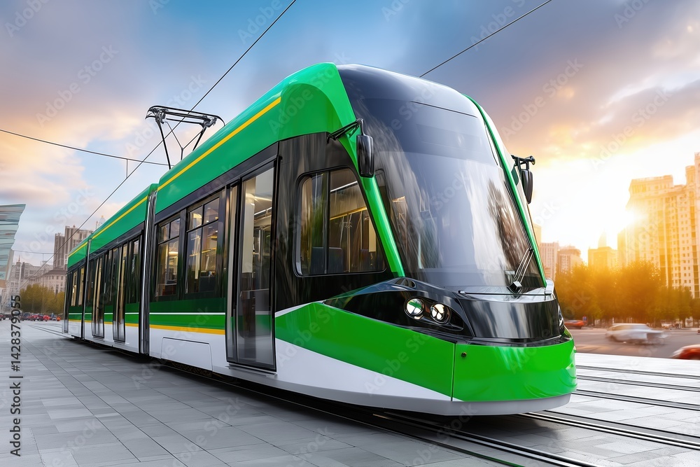 Naklejka premium Modern green tram in urban environment at sunset. sustainable public transportation and eco-friendly city commuting
