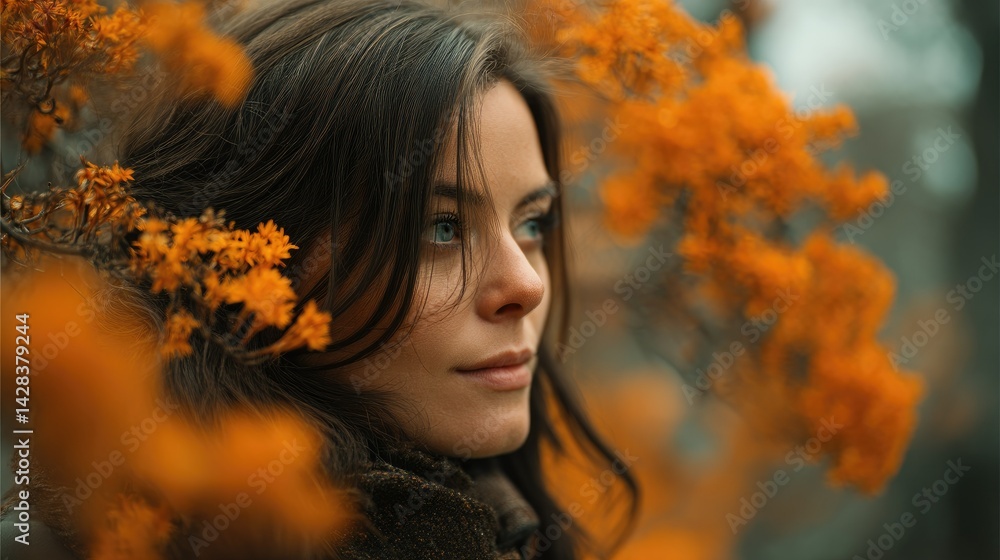 Naklejka premium Woman's Portrait: Autumnal Hues and Dreamy Gaze