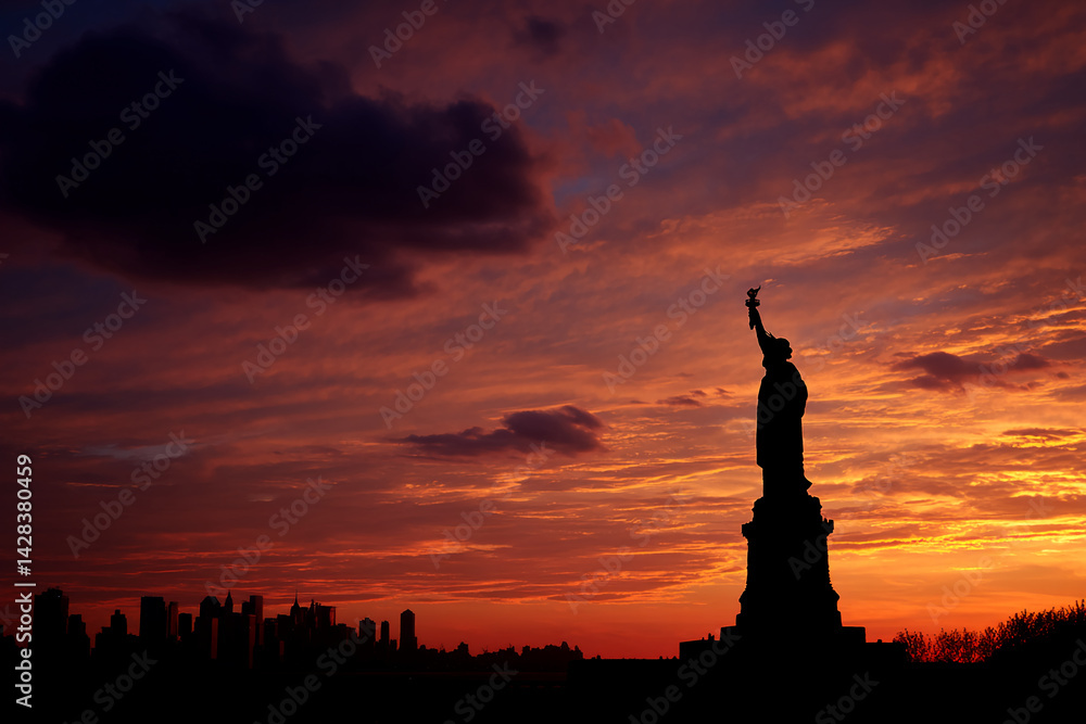 Naklejka premium Silhouette of Statue Liberty against fiery sunset sky, cityscape background. Represents freedom, hope, and American identity