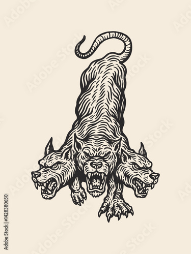 Three-headed hellhound Cerberus in vintage engraving style