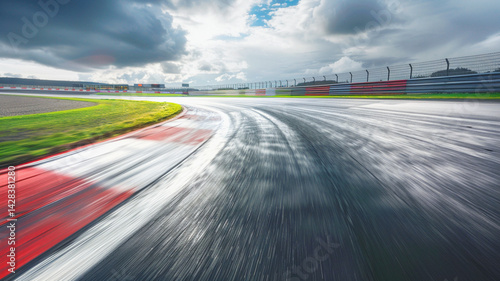 Dynamic Racetrack Scene with Blurry High-Speed Movement, a dramatic stormy sky, vibrant red and white track borders, lush green surroundings, intense motion blur capturing the thrill of the race.