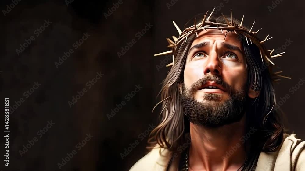 Jesus in a crown of thorns looking to God in the heavens Jesus in a crown of thorns looking to God in the heavens