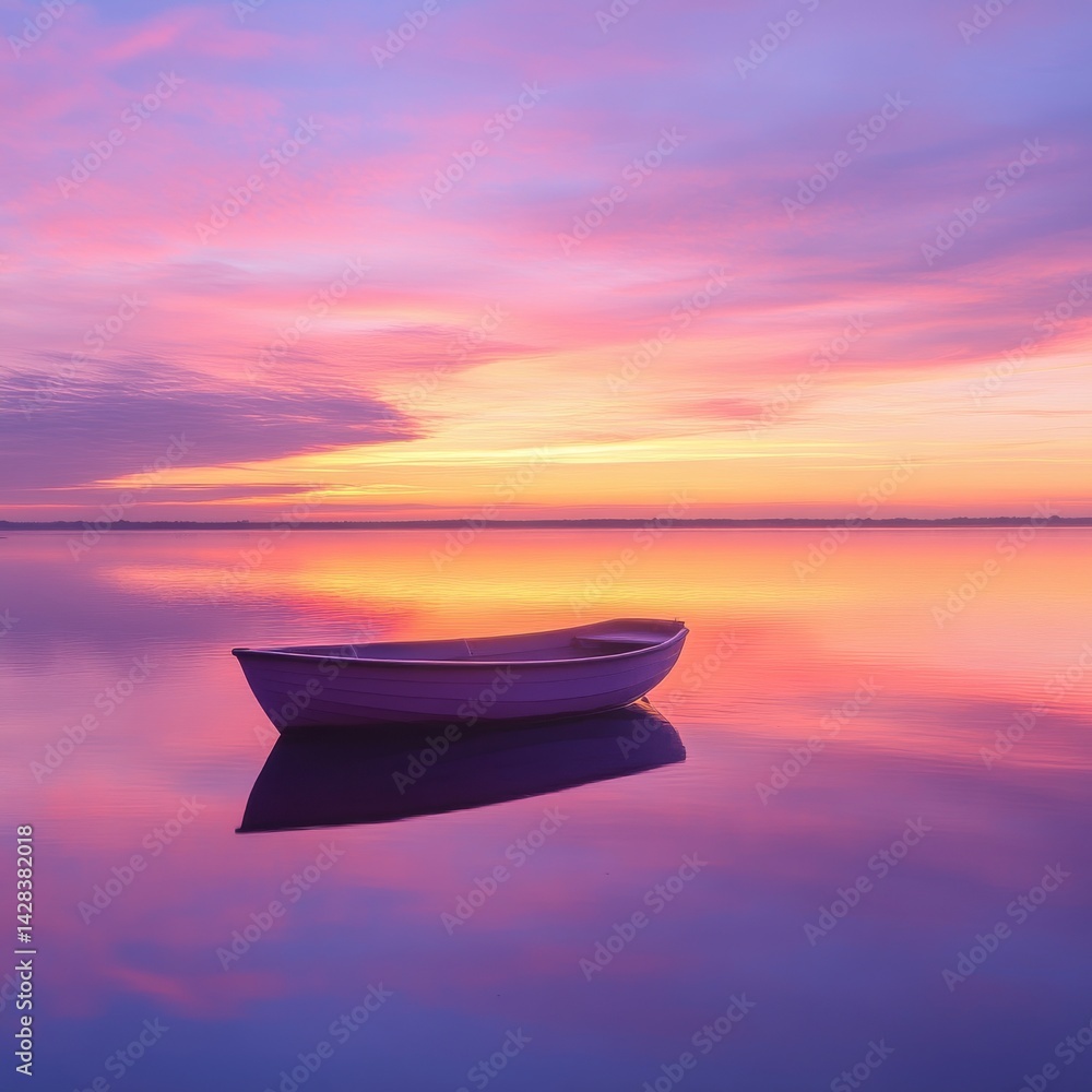 A serene boat floats gently on a calm body of water. The sky showcases a stunning sunset with vibrant colors. Perfect for travel or relaxation themes. AI