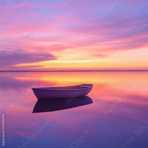 Obraz na płótnie A serene boat floats gently on a calm body of water. The sky showcases a stunning sunset with vibrant colors. Perfect for travel or relaxation themes. AI w salonie