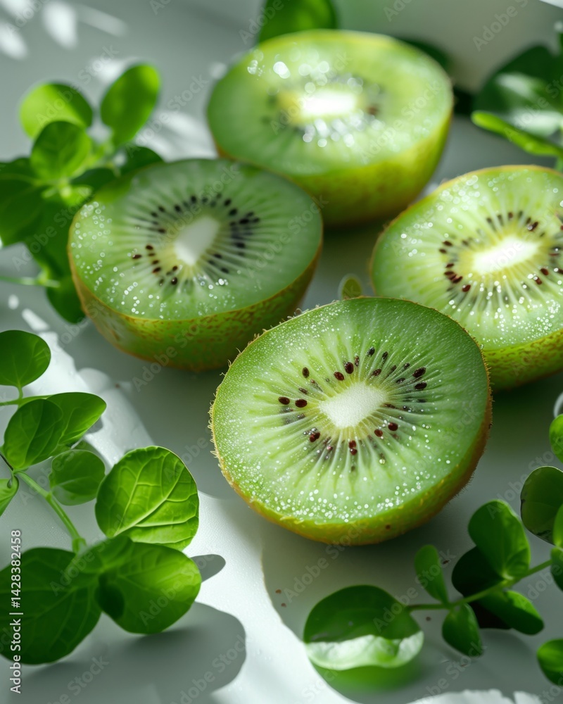 Fototapeta premium Fresh ripe kiwi fruits sliced into circles, vibrant green color with black seeds, placed closely together, refreshing and healthy tropical snack.
