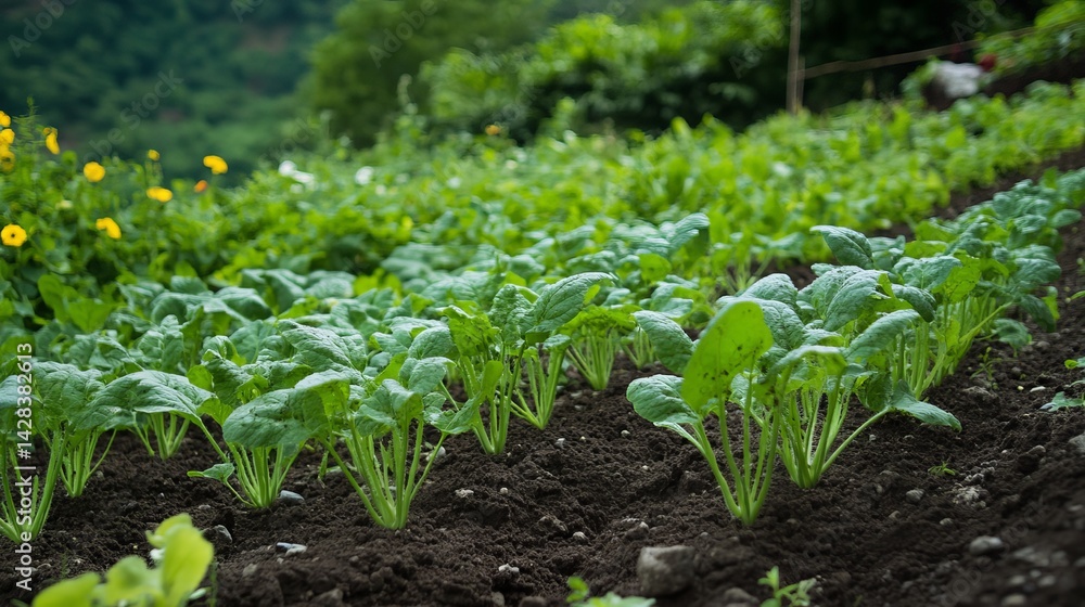 Lush Green Spinach Plants Growing in Rich Soil Vibrant Healthy Organic Vegetable Garden Agriculture Farming Fresh Produce Natural Food Healthy Eating Dietary Greens Growing Season Spring Summer Rows Lush Green Spinach Plants Growing in Rich Soil Vibrant Healthy Organic Vegetable Garden Agriculture Farming Fresh Produce Natural Food Healthy Eating Dietary Greens Growing Season Spring Summer Rows