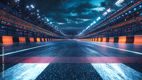 Realistic Digital 3D Illustration of a Asphalt Racing Track Finish Line with Illuminated Stadium at Night, Perfect for Formula 1 or NASCAR Sports