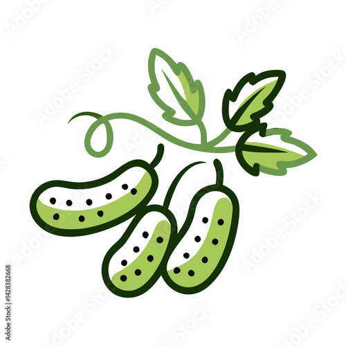 Fresh cucumbers growing on the vine with green leaves  