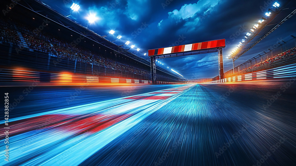Racing Action with Moving Spotlights and Blur Effect at a Grandstand Finish Line, Capturing Thrilling Moments of Speed and Excitement Racing Action with Moving Spotlights and Blur Effect at a Grandstand Finish Line, Capturing Thrilling Moments of Speed and Excitement