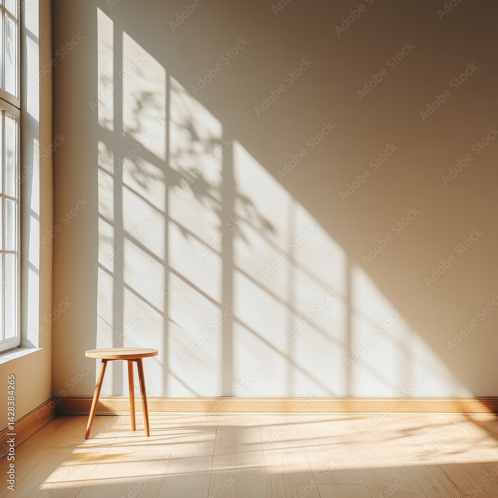 A bright, minimalist room with a simple wooden stool and soft shadows. The light streams in from large windows, creating a serene and inviting atmosphere.