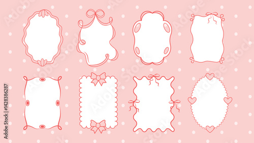 Set of girlish cute linear frames in cartoon style. Vector illustration of coquettes, vintage frames, templates of different shapes: with bows, hearts, isolated on light pink background with dots.