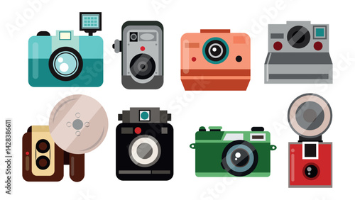 Set of colored vintage cameras in cartoon style. Vector illustration of different shapes, sizes, compact cameras with lenses, buttons isolated on white background. Retro tools for photo shoots.