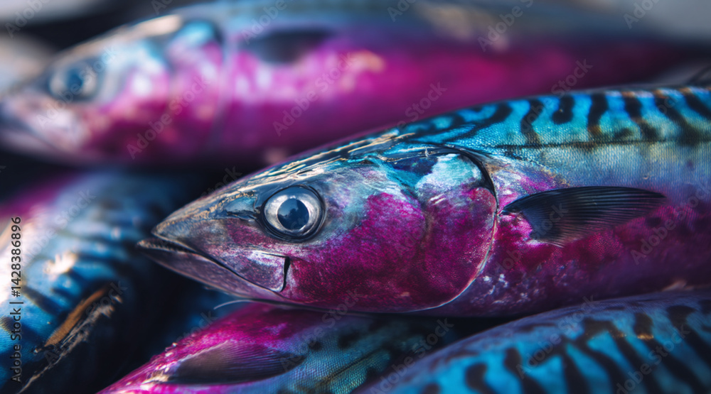 Close-up of a large pile of freshly caught mackerel with shiny blue scales