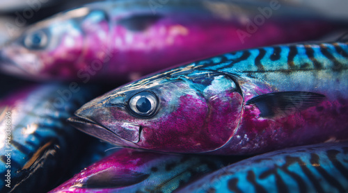 Obraz na płótnie Close-up of a large pile of freshly caught mackerel with shiny blue scales w salonie