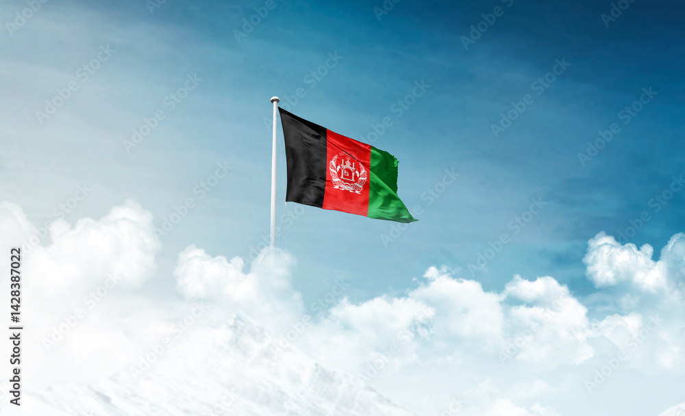 Naklejka premium Afghanistan national flag with mast waving in beautiful sky. Afghanistan flag for Republic Day and Independence Day.