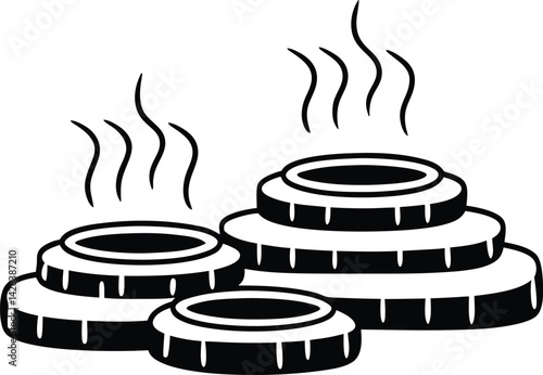 Hot Spring Terraces Art Set Of Silhouette Vector, luxurious, destination, heritage, tranquil, hot water, steam rising, spa treatment