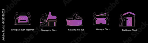 Music and Instruments at Home. Playing the Piano, Moving a Piano, Building a Shed, Cleaning Hot Tub, Lifting a Couch Together