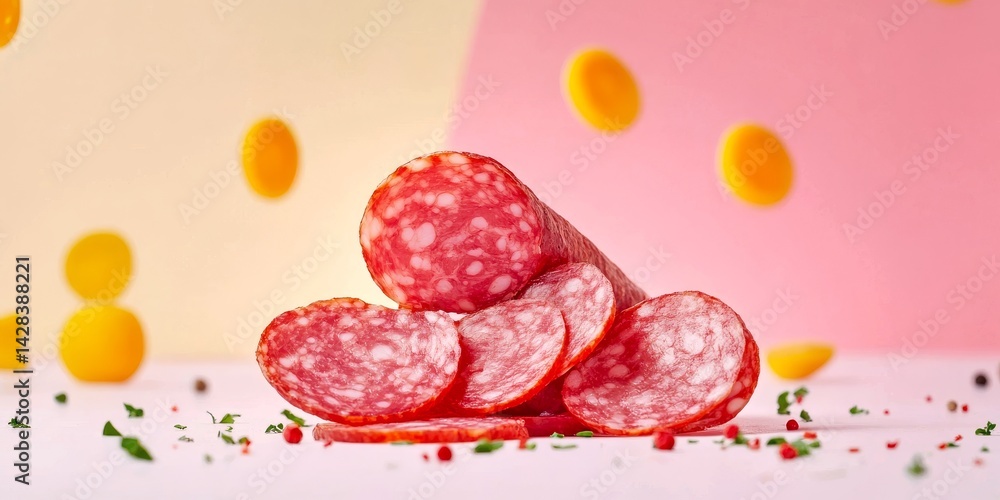 Colorful slices of salami stacked on a bright background. This image captures the beauty of culinary presentation. Perfect for food blogs and recipes. Ideal for stock photo collections. AI