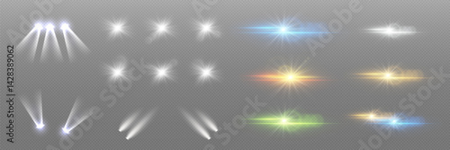 Collection of light and flares, flare of light bulbs and stars.