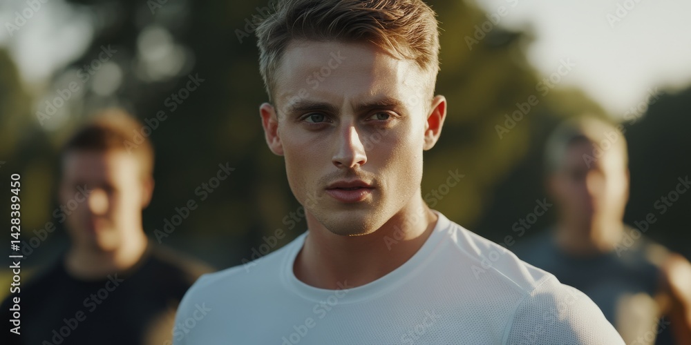 A focused young man stands out against a blurred background. His serious expression captures determination. This image portrays strength and focus, ideal for fitness or motivational content. AI