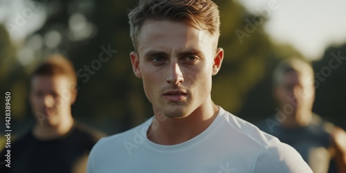 Obraz na płótnie A focused young man stands out against a blurred background. His serious expression captures determination. This image portrays strength and focus, ideal for fitness or motivational content. AI w salonie