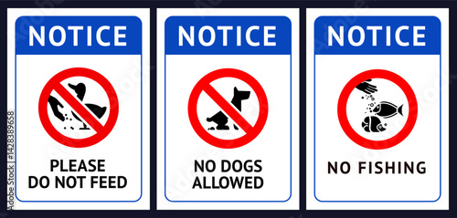 Prohibited label No dog fouling, No fishing, Do not feed birds, forbidding sticker set