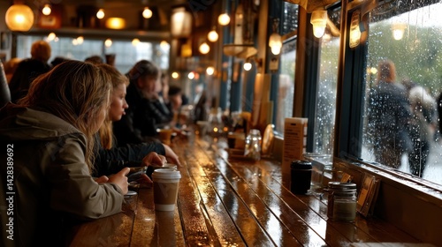 Cozy indoor cafe scene with people using smartphones on rainy day, warm lighting, wooden counter, and large rain-streaked window