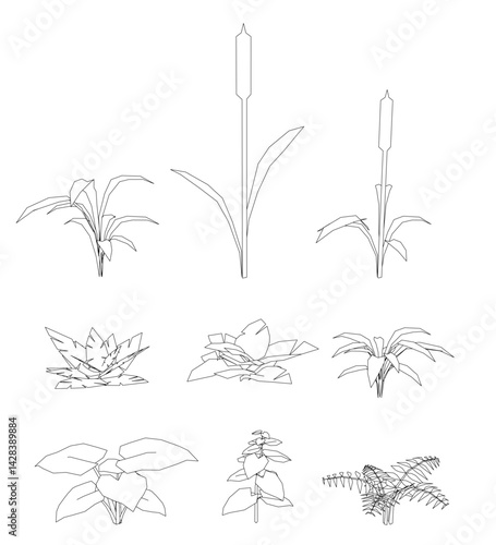 Wallpaper Mural A variety of different plants, including a tall plant with a long stem and a small plant with a leafy stem. The plants are all drawn in black and white, giving the image a simple and minimalist look Torontodigital.ca