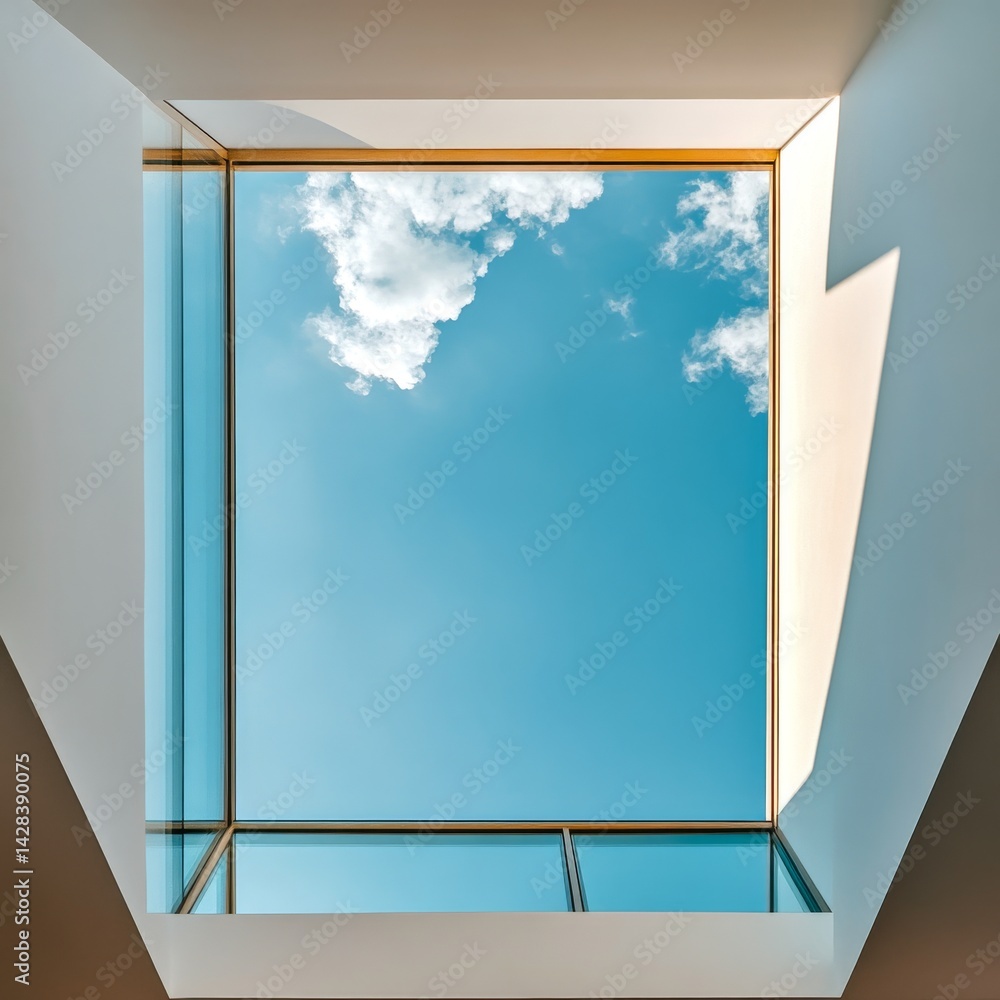 A beautiful view of the sky through a modern architectural skylight. The clear blue sky and soft clouds create a peaceful atmosphere. This image captures serenity and elegance. AI