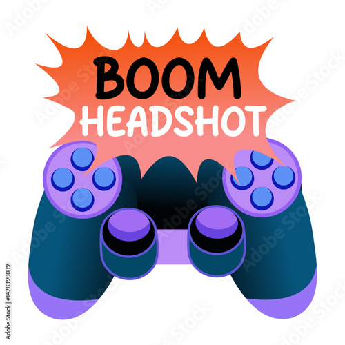 A gamepad showing typography boom headshot, flat sticker