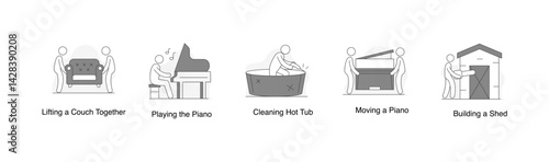 Music and Instruments at Home. Playing the Piano, Moving a Piano, Building a Shed, Cleaning Hot Tub, Lifting a Couch Together