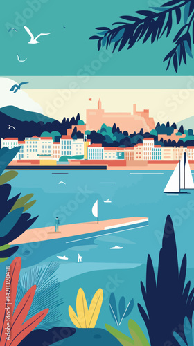 Vintage Marseille Provence-Alpes Coastal Landscape with Sailboats Illustration