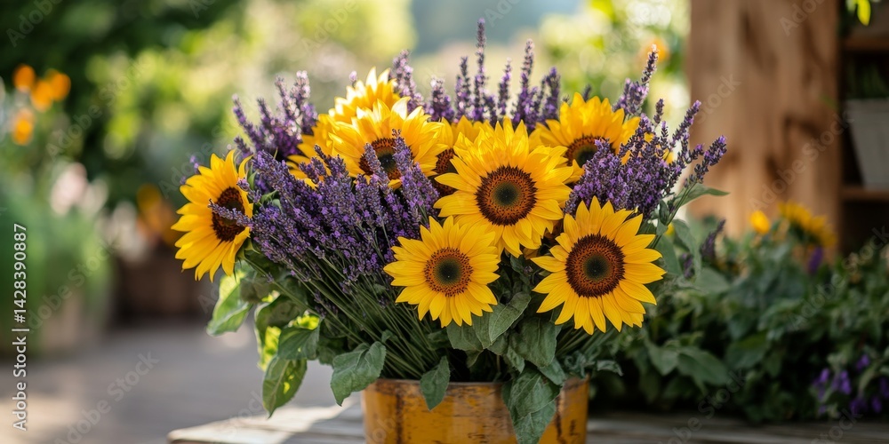 A stunning arrangement of sunflowers and lavender in a rustic wooden pot. Perfect for enhancing home decor or for a cheerful gift. Bright colors create a lively atmosphere. AI