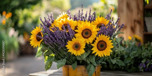 Obraz na płótnie A stunning arrangement of sunflowers and lavender in a rustic wooden pot. Perfect for enhancing home decor or for a cheerful gift. Bright colors create a lively atmosphere. AI w salonie